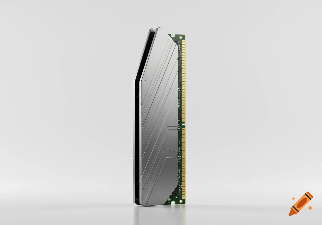 Close-up photorealistic shot of a computer RAM stick with a silver heat spreader on a white background.