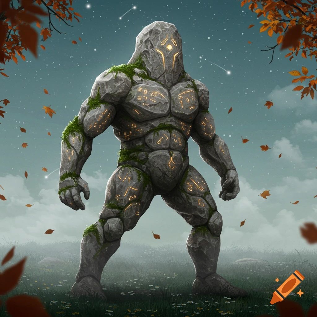 A large rock golem, covered in moss and glowing runes, stands in a misty field with autumn leaves falling around it under a starry sky.