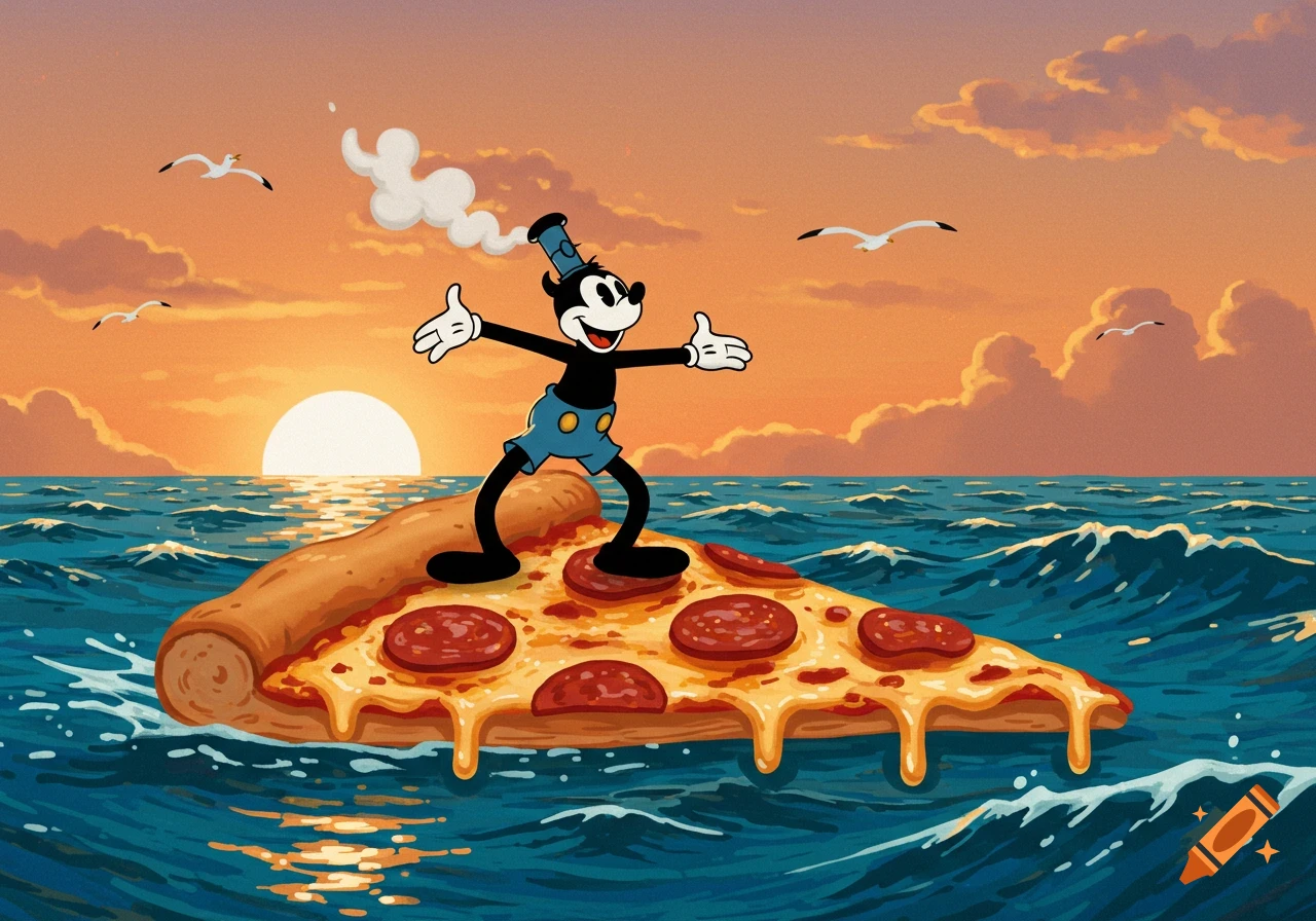 Cartoon character, reminiscent of Steamboat Willy, surfs a pepperoni pizza slice on the ocean at sunset.
