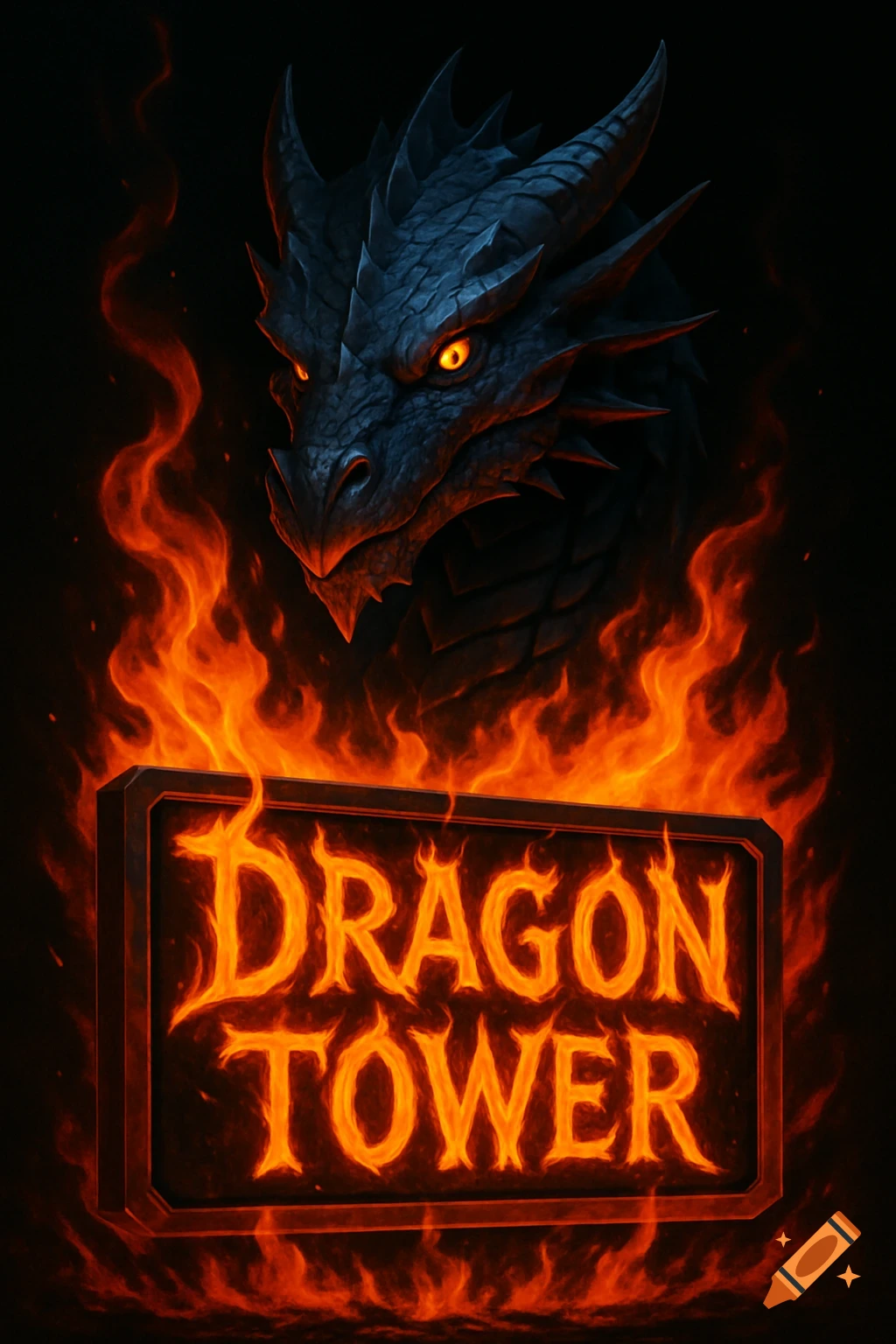 A dark blue and purple dragon head with glowing gold eyes above a fiery sign that says 'Dragon Tower', engulfed in flames.