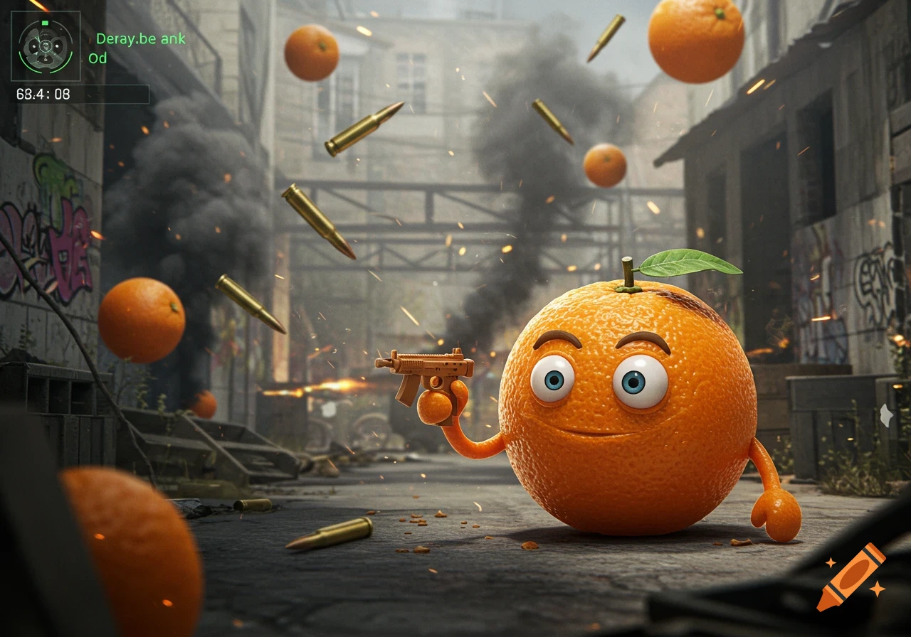 A cartoon orange with big eyes and a leaf stem on its head, holds a tiny machine gun in a smoky, war-torn city street with flying bullets and oranges.
