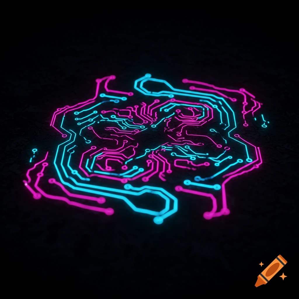 Glowing pink and blue circuit board pathways on a dark, textured surface, creating an abstract, futuristic design.