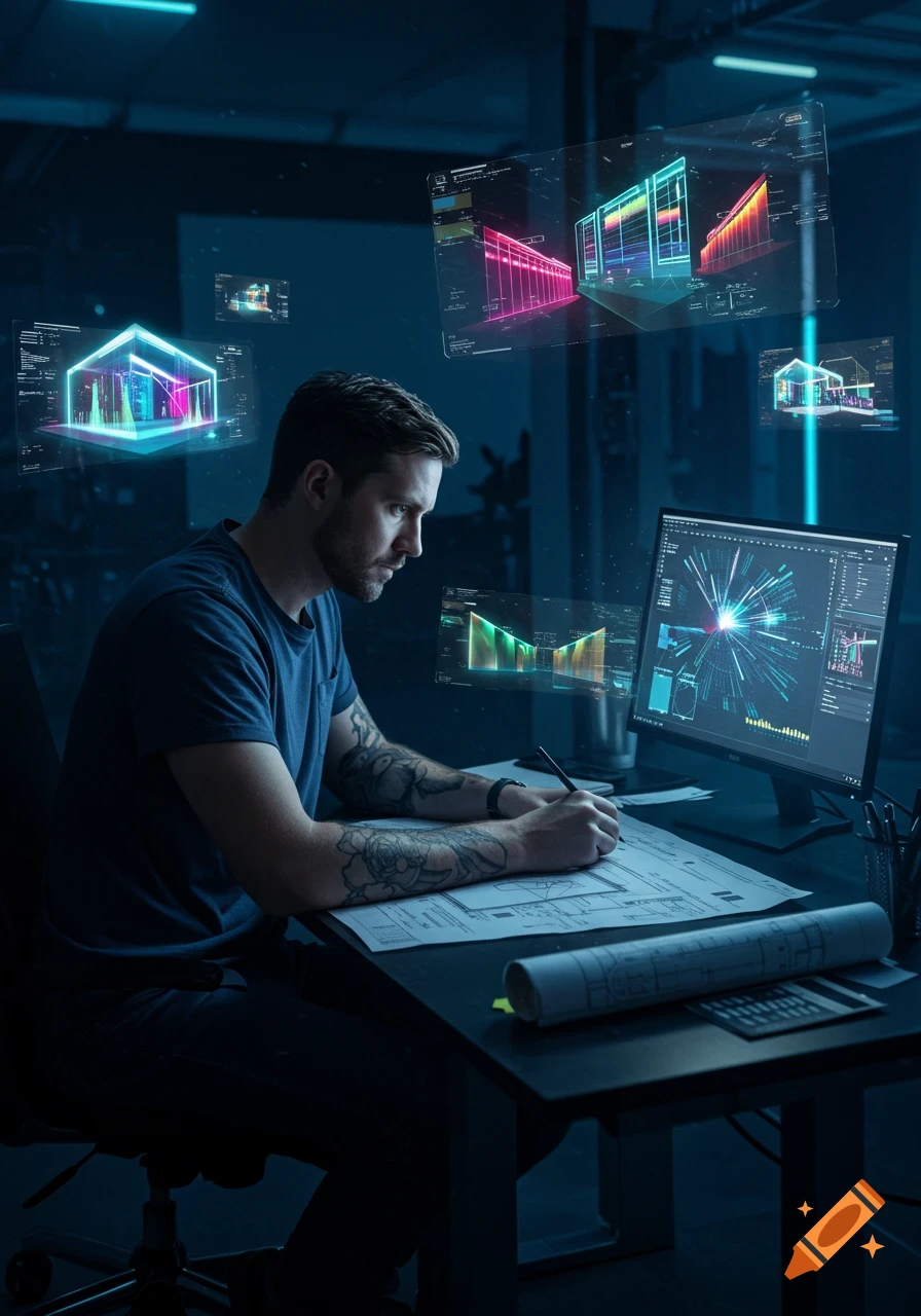 A man with tattoos draws on blueprints at a desk, surrounded by glowing holographic architectural designs and data visualizations in a dark, high-tech room.