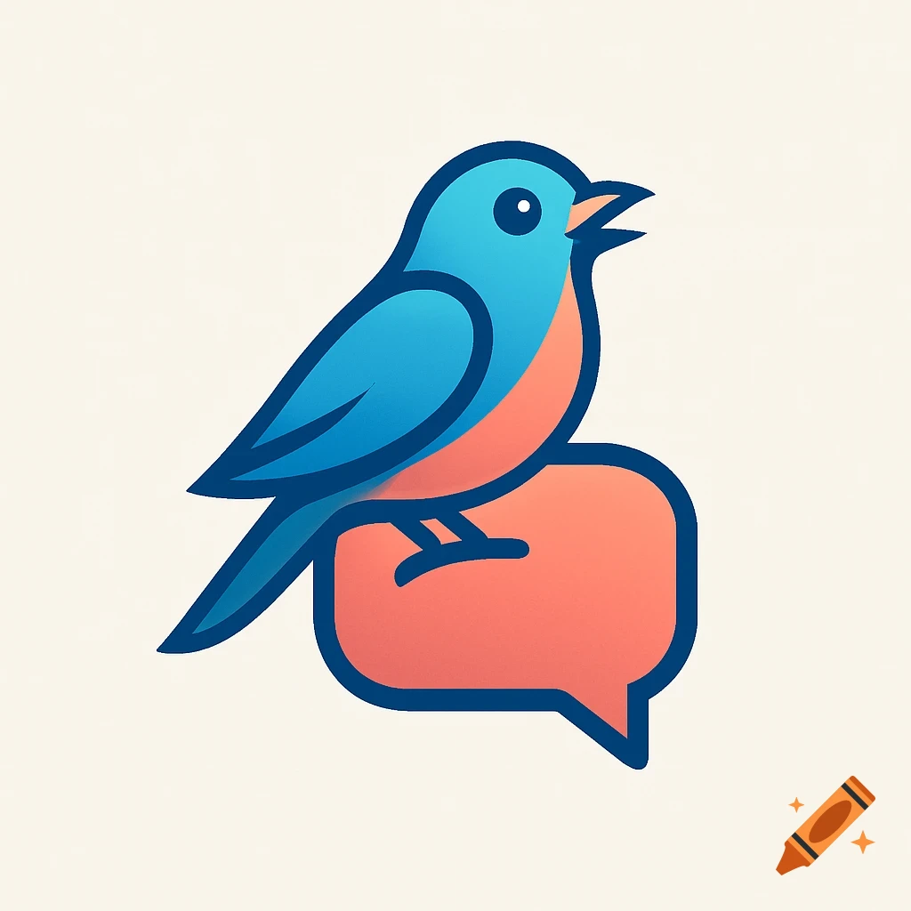 A blue and orange stylized cartoon bird perched on a red speech bubble, symbolizing communication.