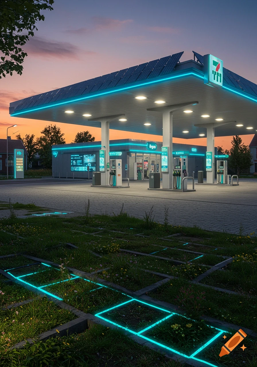 A futuristic 7-Eleven gas station at dusk, lit by neon blue lights and glowing squares in the grass under a colorful sky.
