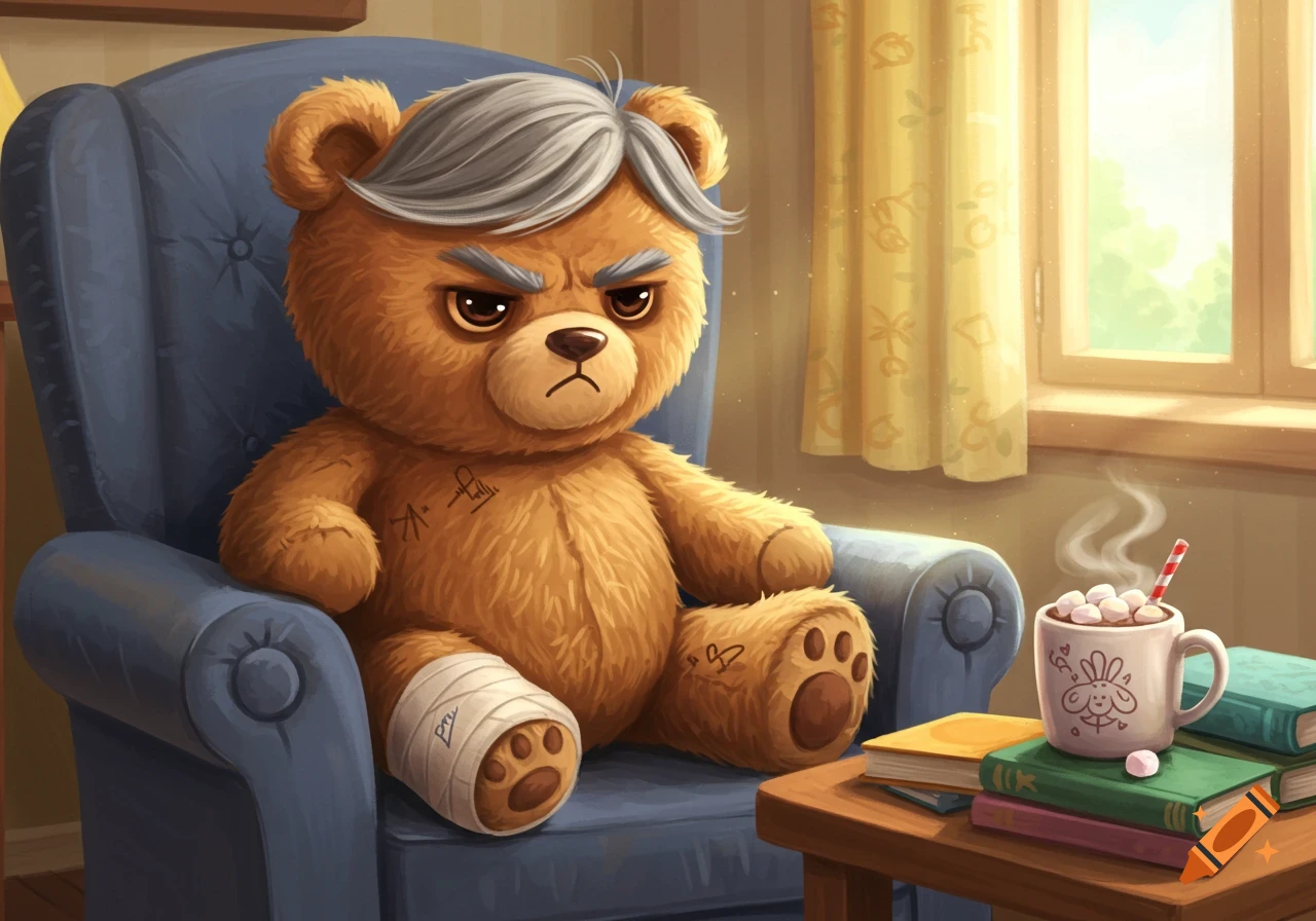 An angry teddy bear with gray hair and a bandaged foot sits in a blue armchair next to a mug of hot chocolate and books, illustrated.