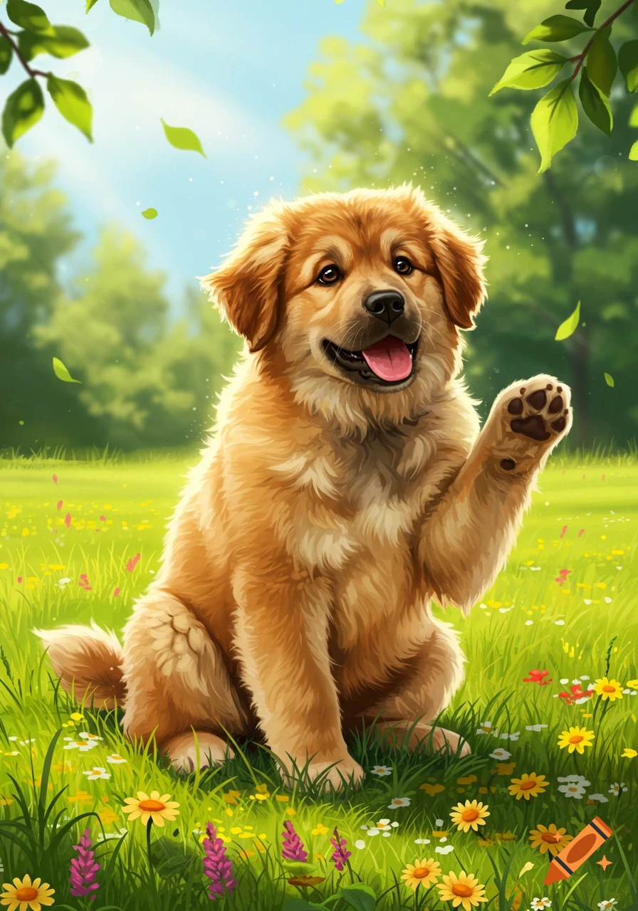 A fluffy golden puppy sits in a sunny field of wildflowers, raising one paw in a friendly gesture.