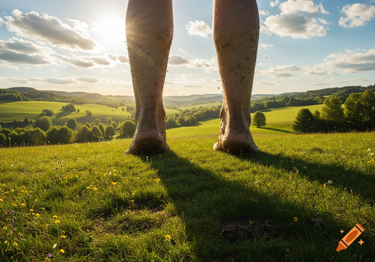 Muddy bare legs and feet stand on a green grassy hill, overlooking a scenic valley under a bright sunset sky.
