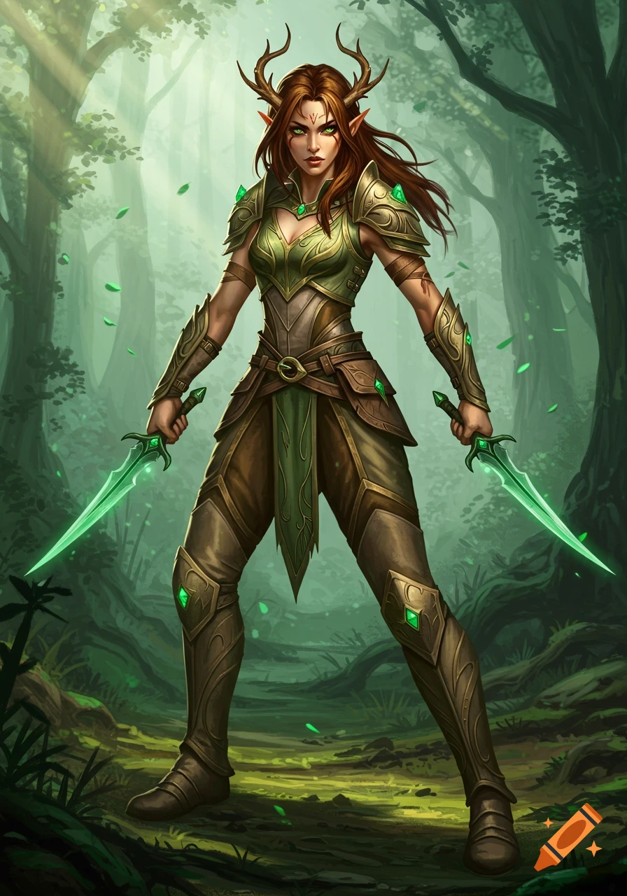 A fierce demi-elf warrior with antlers, long brown hair, and green eyes, clad in green and brown armor, holds two glowing green daggers in a misty forest.