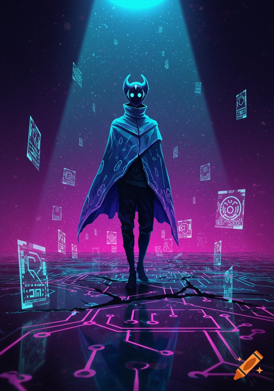 A stylized figure with a horned mask and glowing eyes, wearing a flowing cloak, stands on a neon circuit board floor under a bright spotlight, surrounded by floating data screens in a vibrant purple and blue cyberpunk setting.