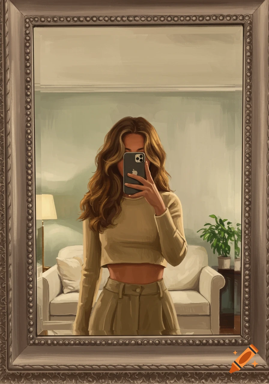 Digital art of a woman taking a mirror selfie with an iPhone, her face obscured by the phone, wearing a beige crop top and skirt.