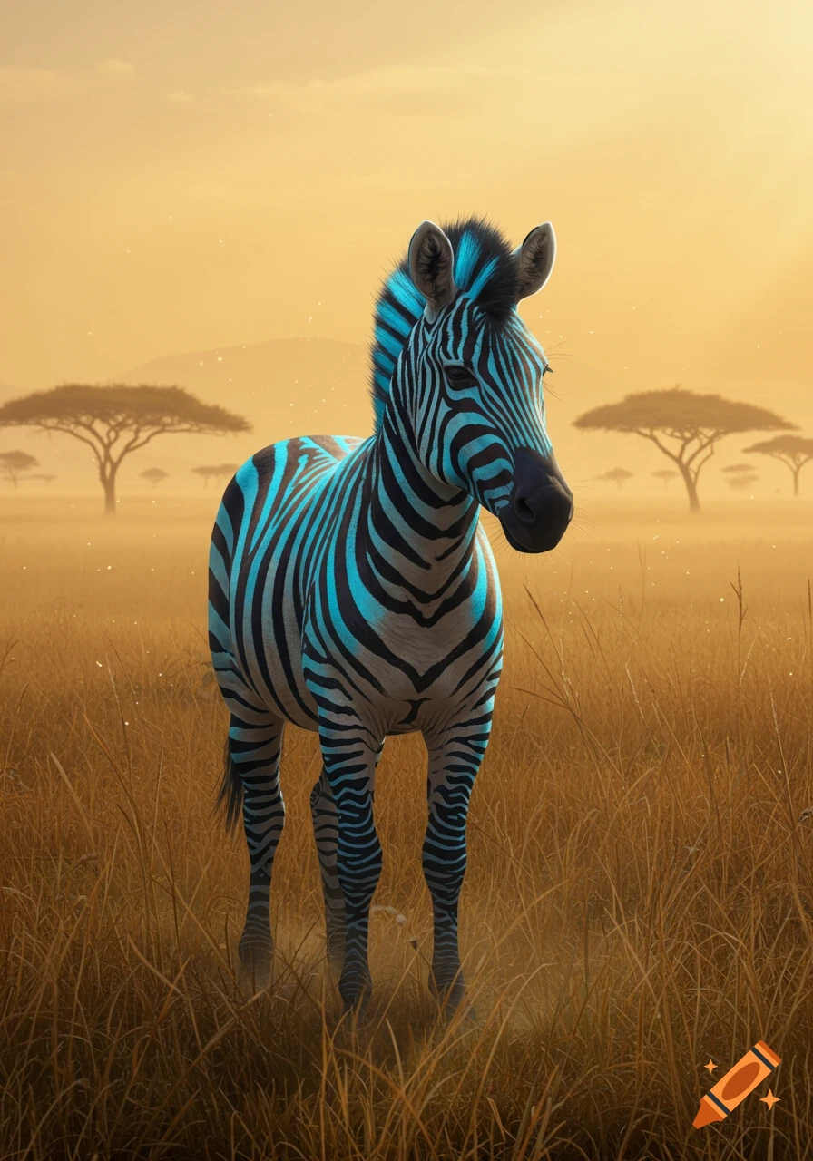 A photorealistic zebra with blue stripes stands in tall golden grass in a savanna with acacia trees at sunset.