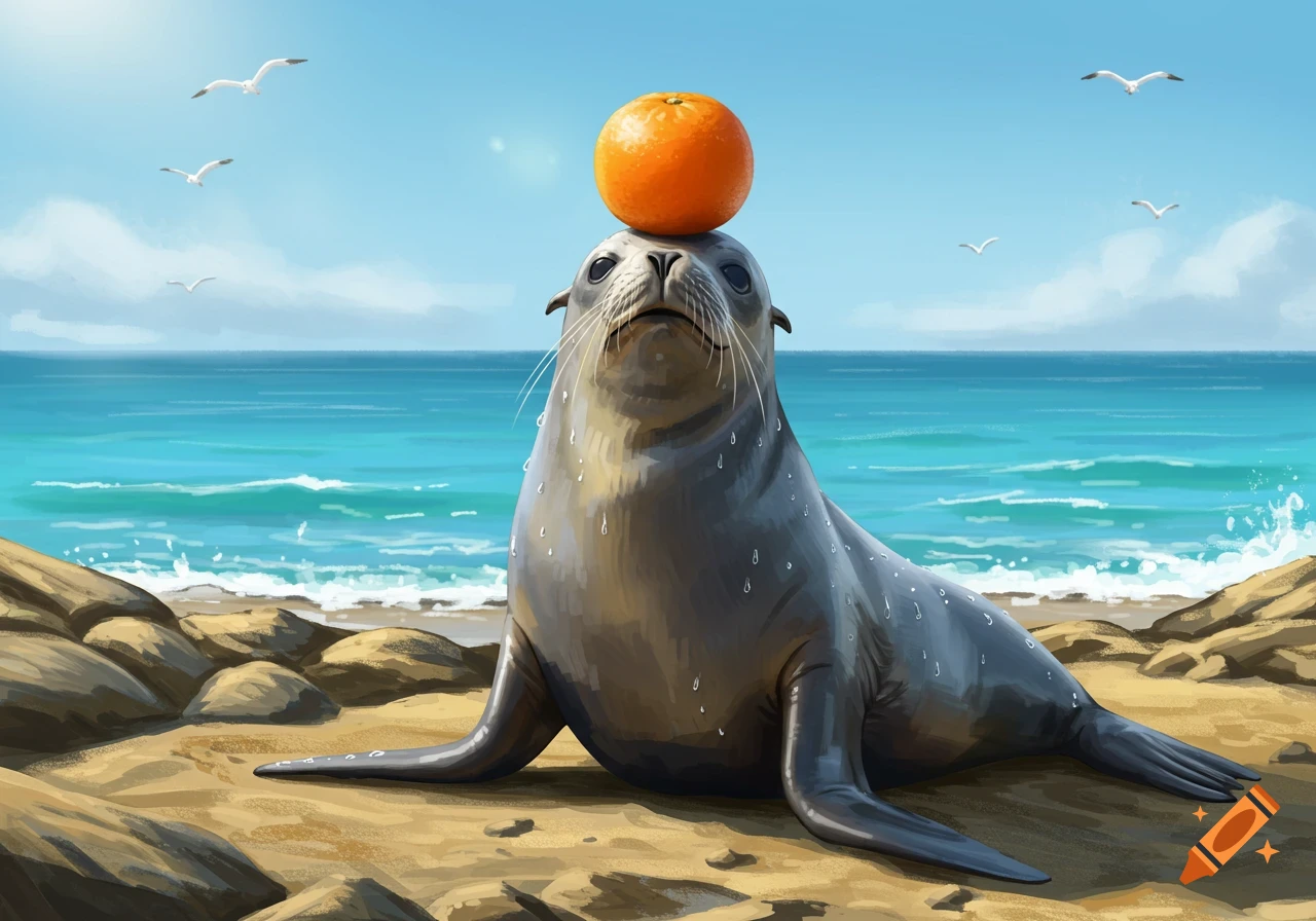 A close-up of a wet seal balancing a bright orange on its head on a sunny beach, with the ocean and seagulls in the background.