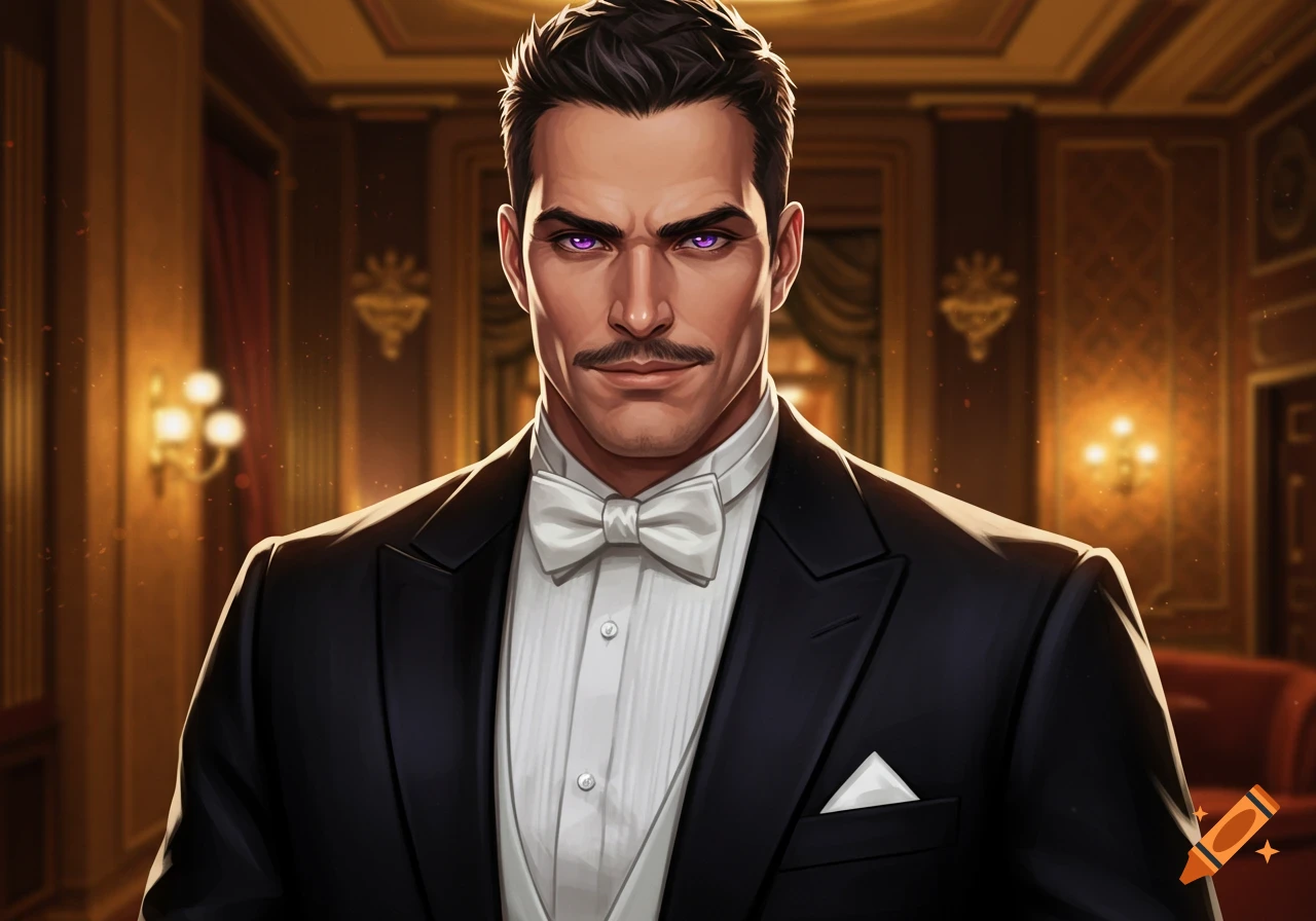 A stylized portrait of a man with dark hair, purple eyes, and a mustache, wearing a black tuxedo with a white bow tie, in a grand, richly decorated room.