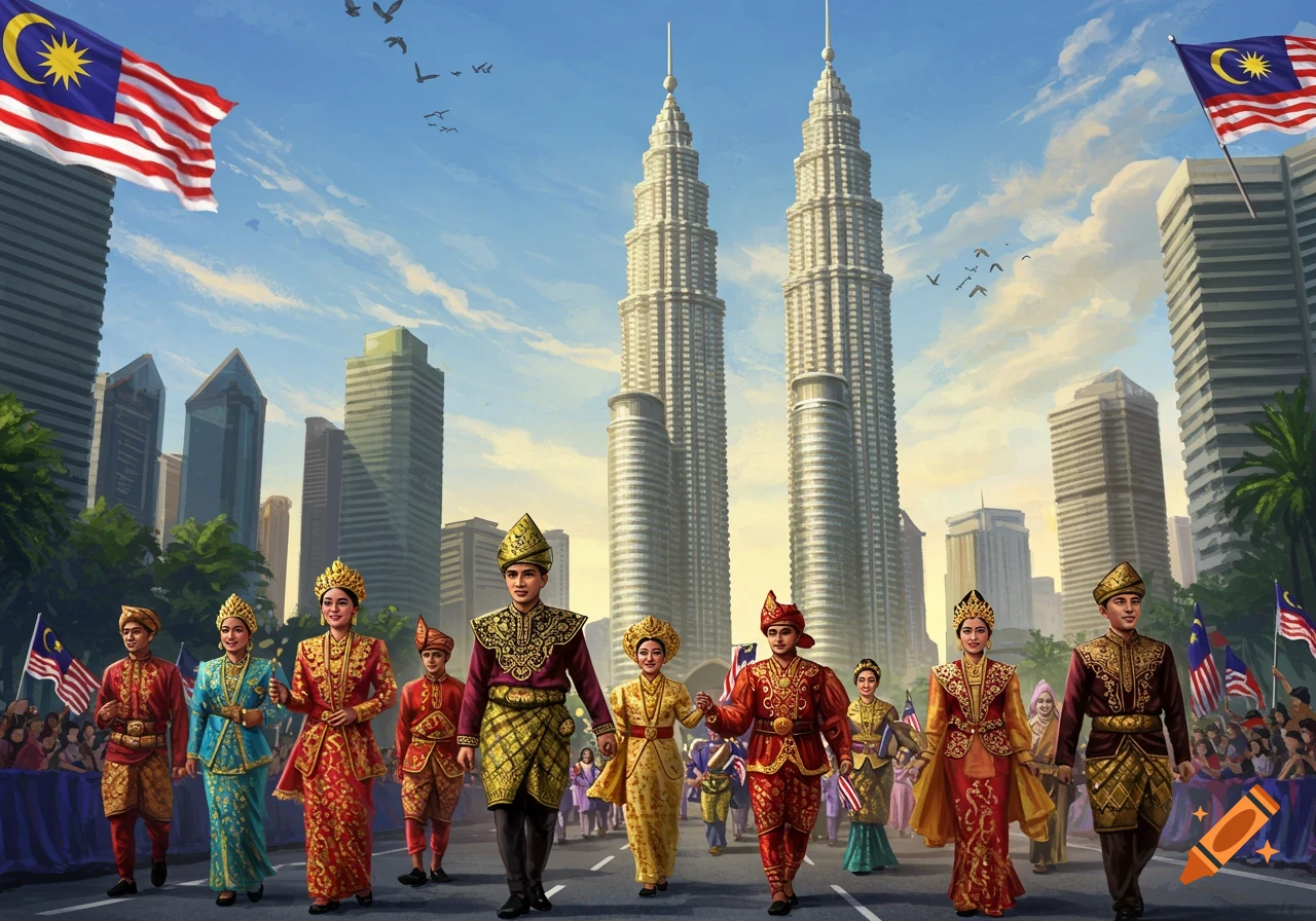 Illustration of a vibrant Malaysia Day parade with people in traditional attire marching past the Petronas Twin Towers.