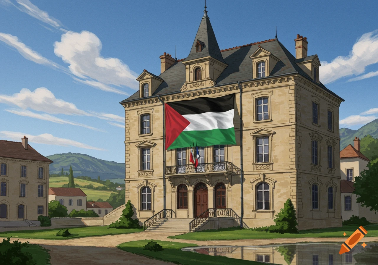 Anime style depiction of a grand stone building draped with a large Palestinian flag, surrounded by green hills and other houses.