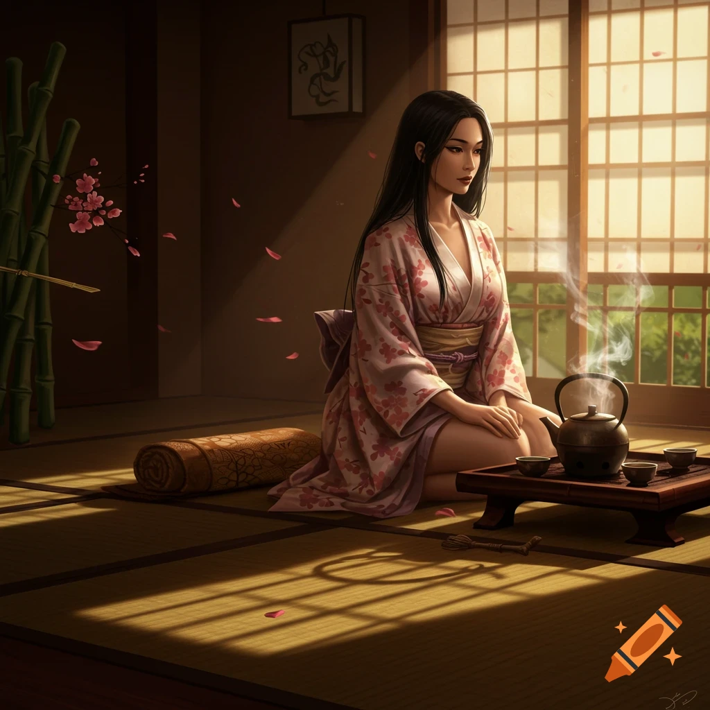 An Asian woman in a floral kimono sits on tatami mats, preparing tea in a sunlit traditional Japanese room.