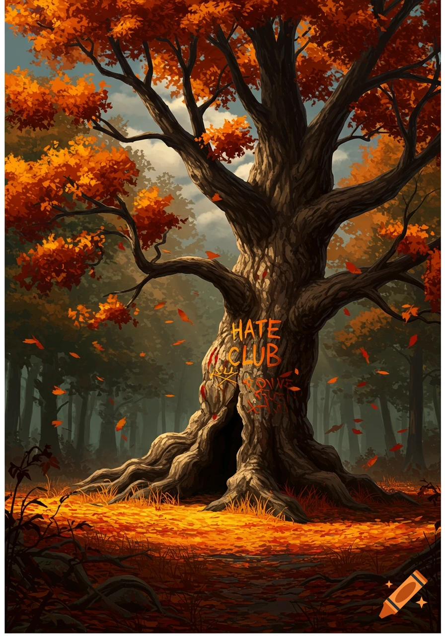 A large oak tree with vibrant orange autumn leaves in a forest, with the words "HATE CLUB" carved into its trunk.