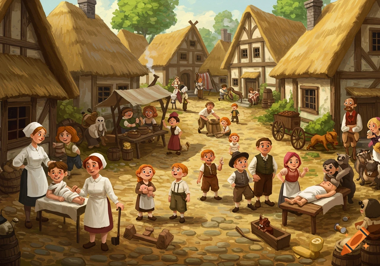 A bustling cartoon illustration of a pre-industrial village with many villagers and children, some tending to the sick.