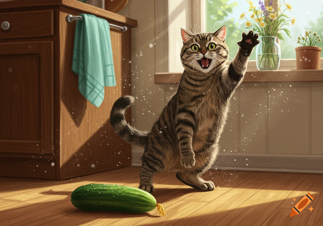 A startled tabby cat stands on its hind legs, mouth open, looking at a cucumber on a sunlit wooden kitchen floor.