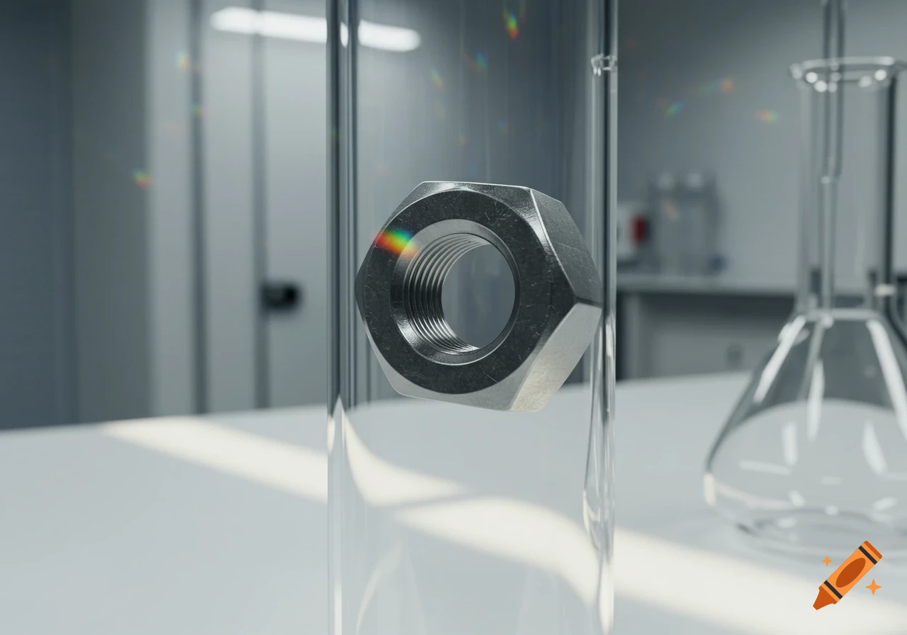 A photorealistic image of a steel nut suspended inside a clear glass test tube in a laboratory setting.