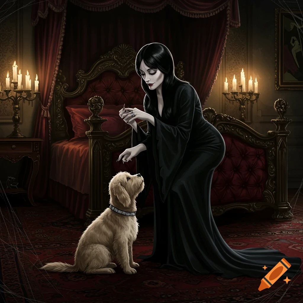 A gothic woman in a black dress pets a golden puppy next to a dark red canopy bed with lit candles, illustrated style.