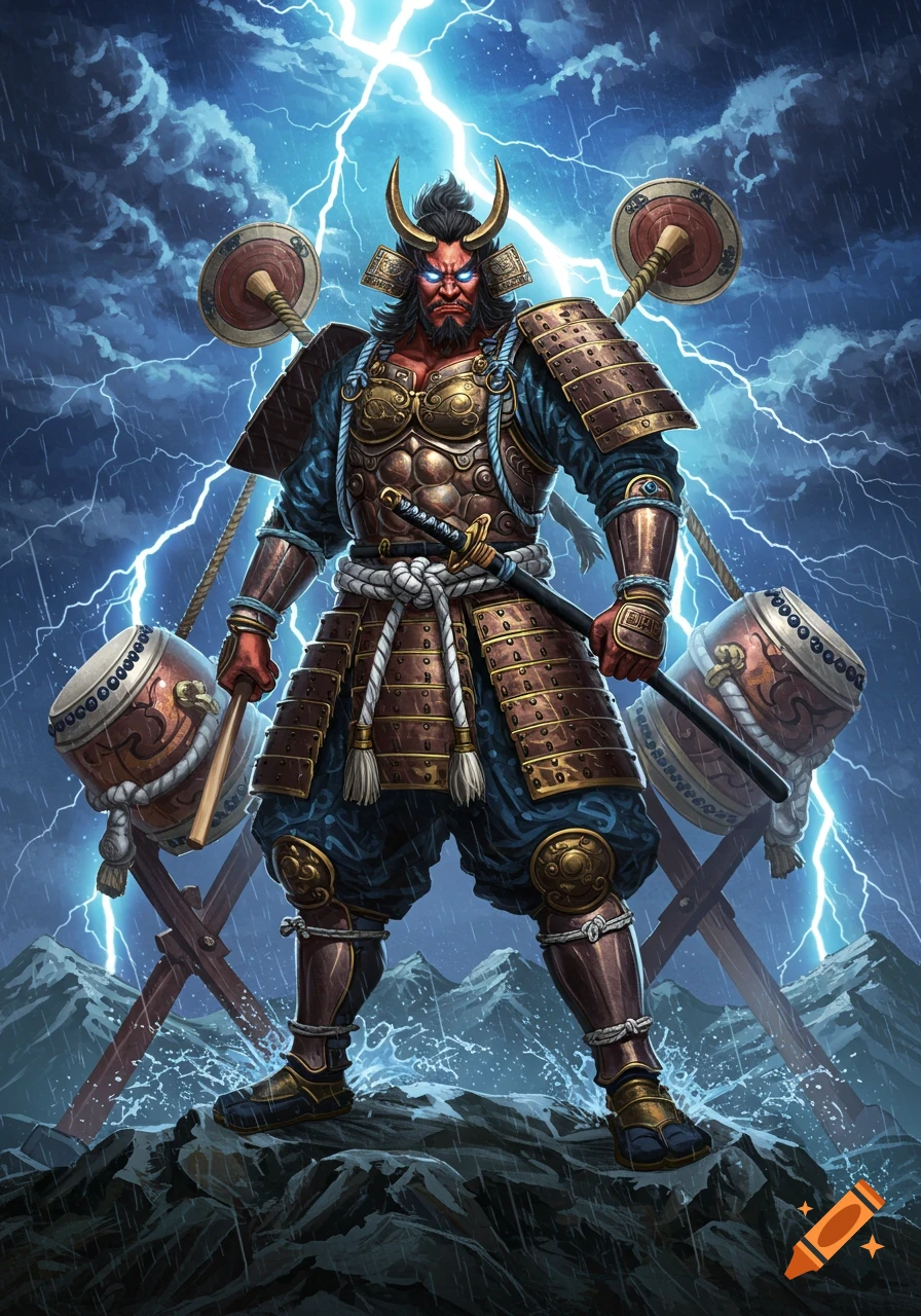 A powerful horned warrior, Raijin the god of thunder, with red skin and golden armor, stands on stormy mountains with lightning and two large drums.