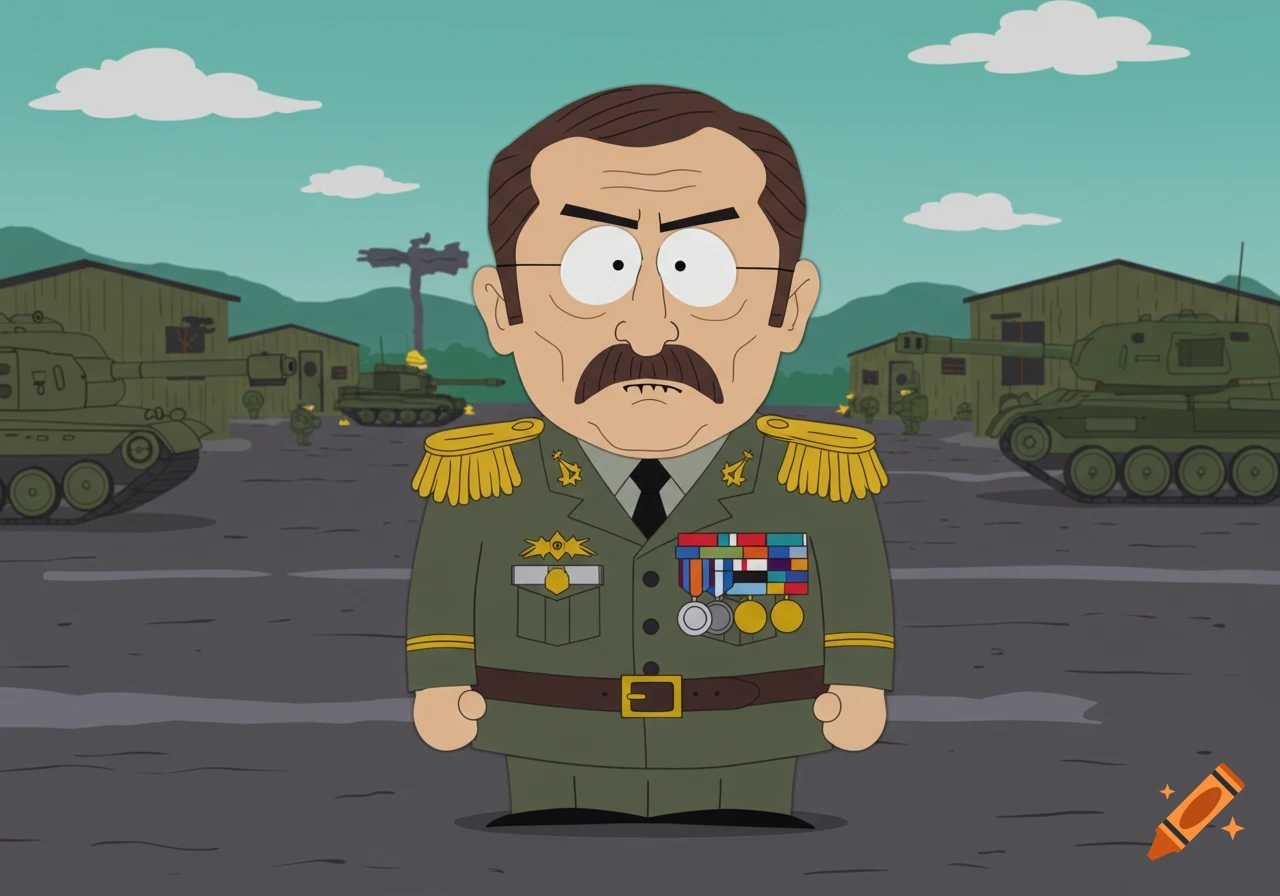 A cartoon general in South Park style stands in a military base with tanks in the background.