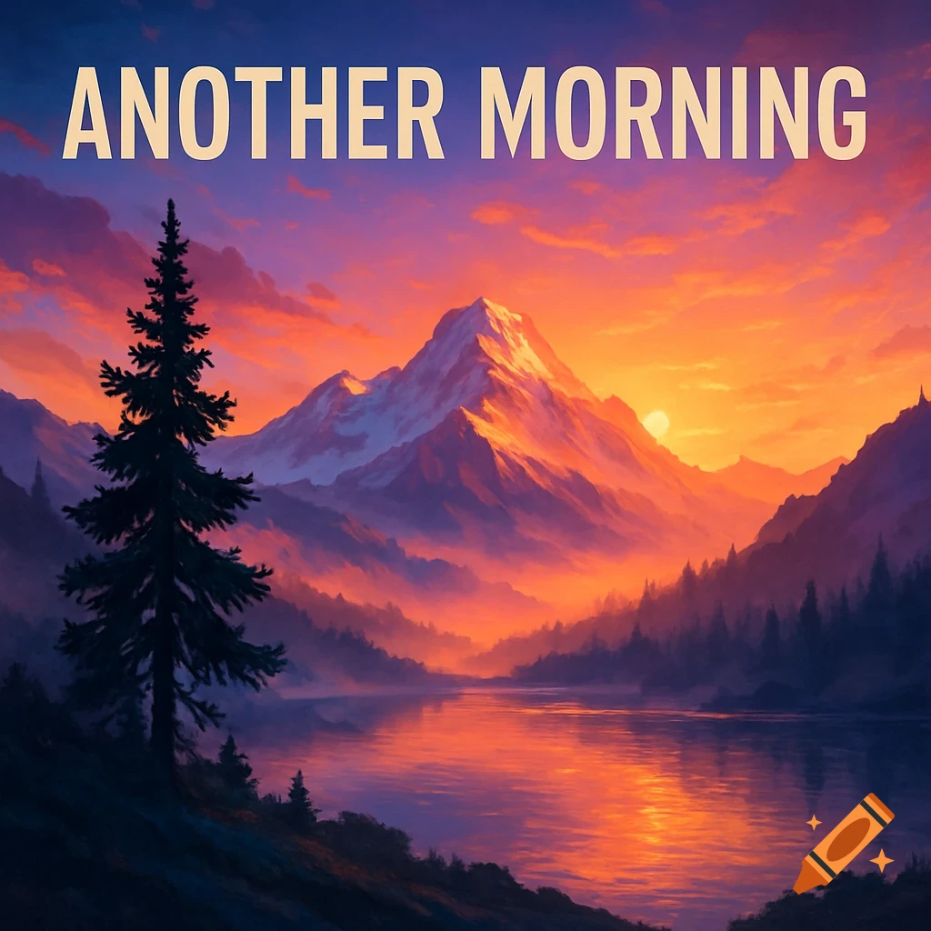 Vibrant painting of a sunrise over a tranquil mountain lake with a tall pine tree. Text: ANOTHER MORNING.