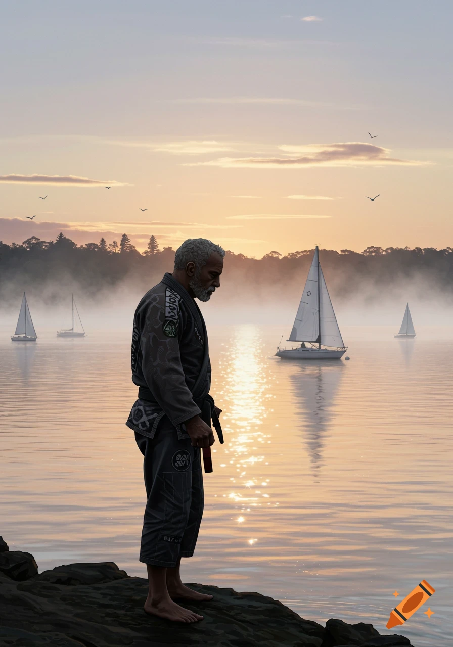 An older man in a grey Jiu-Jitsu gi stands barefoot on rocks by a misty lake with sailboats at sunrise or sunset.