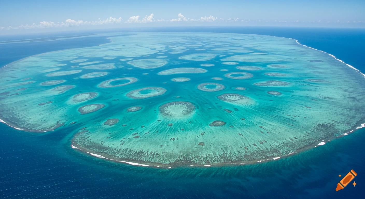 Aerial view of a vibrant turquoise coral reef system in a clear blue ocean, with the Earth's curvature visible.