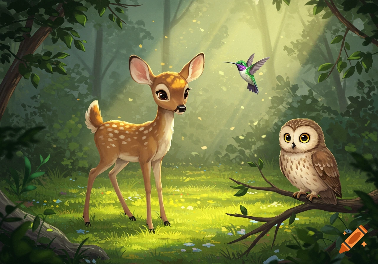 A cute fawn, hummingbird, and owl in a sunlit forest clearing, cartoon illustration.