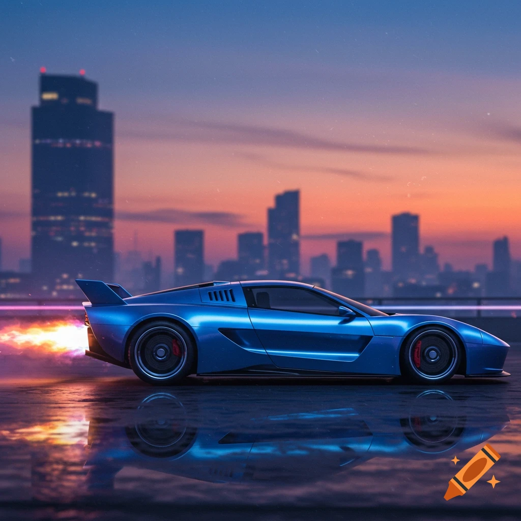 A sleek blue futuristic car with glowing exhaust speeding on a wet road, silhouetted against a city skyline at sunset.