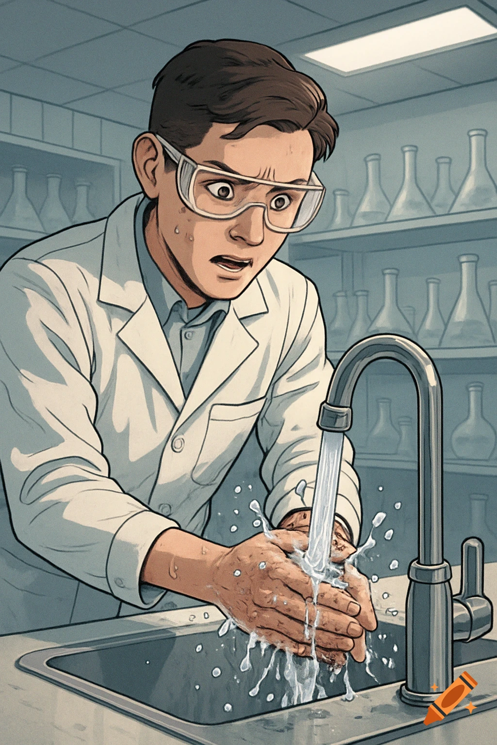 A worried scientist in a lab coat and safety goggles washes his hands under a faucet in a cartoon style laboratory.