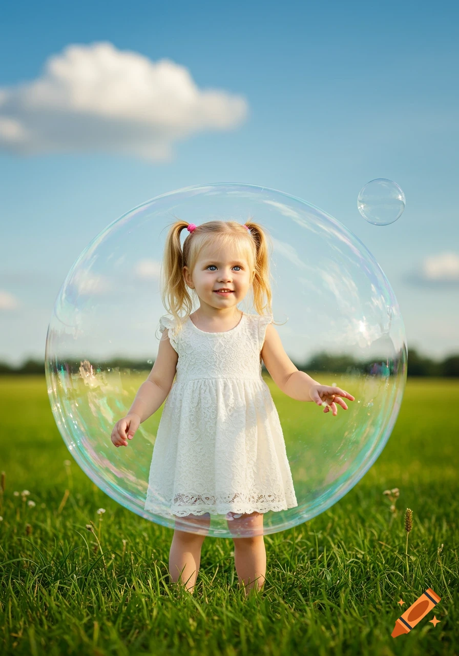 A photorealistic portrait of a happy little girl with pigtails standing inside a large bubble in a green field under a blue sky.
