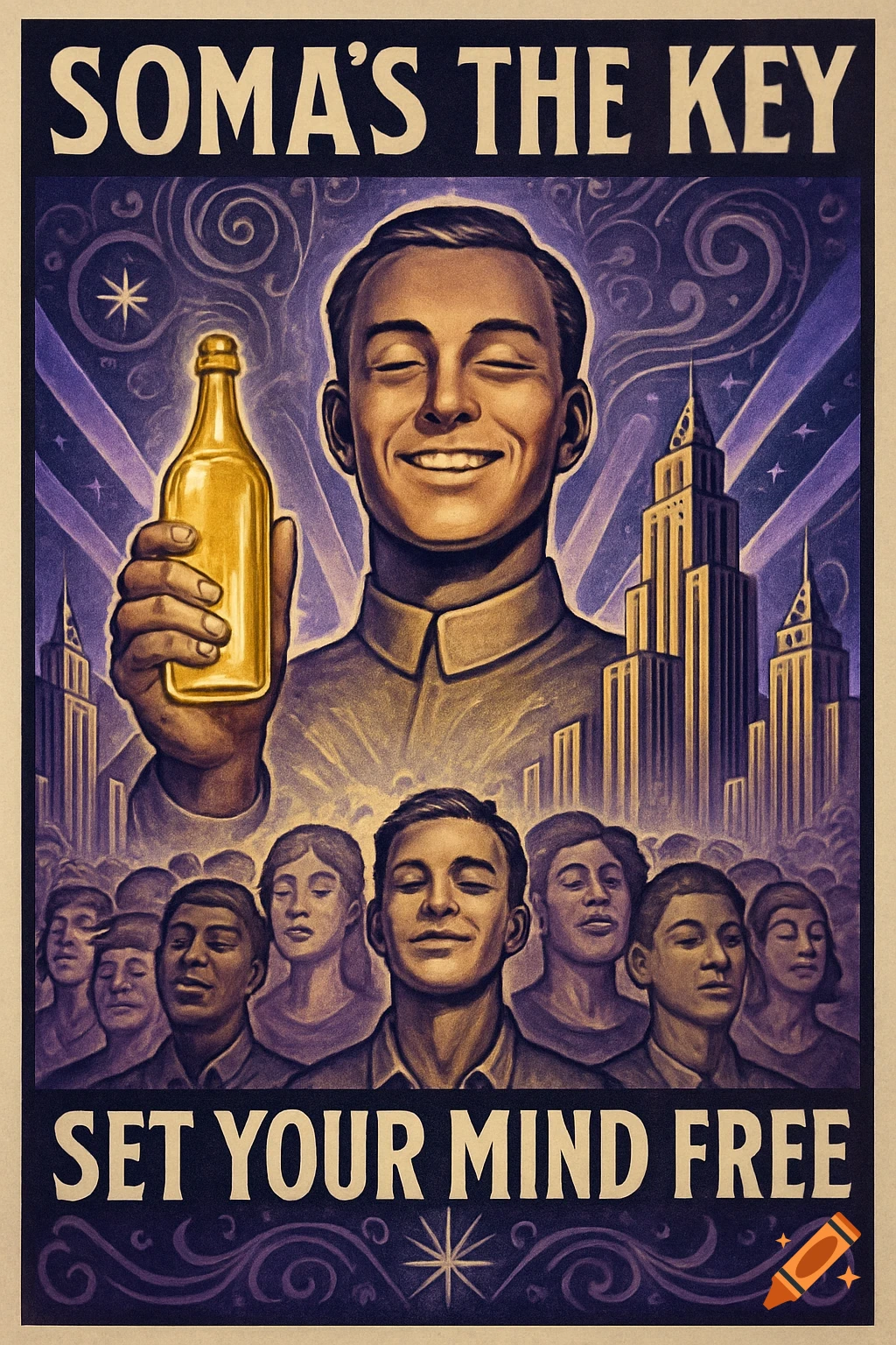 A retro-style propaganda poster with a smiling man holding a golden bottle, a futuristic city, and a serene crowd. Text reads: "SOMA'S THE KEY, SET YOUR MIND FREE"