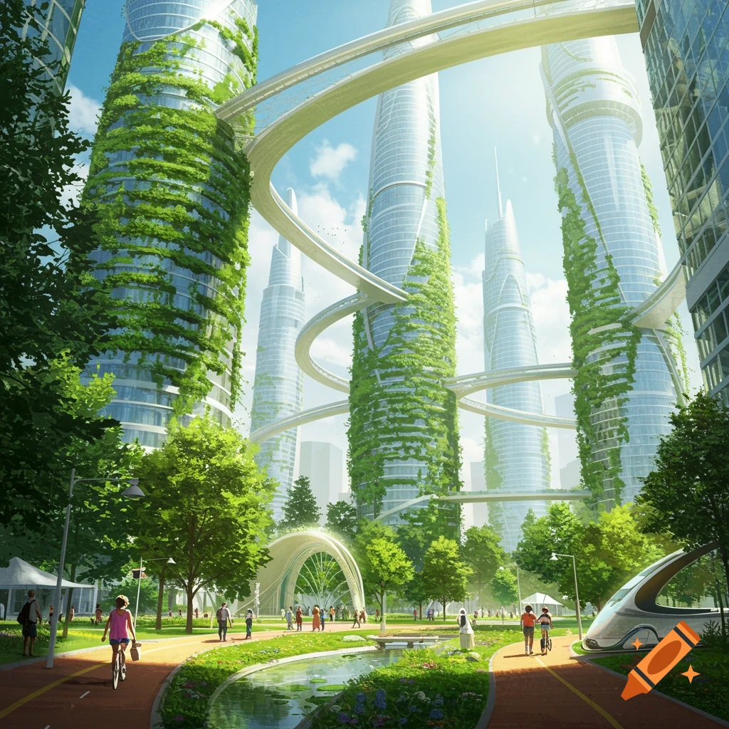 A detailed illustration of an eco-friendly futuristic city with tall, green-covered buildings, sky bridges, and a park with people and a pond.