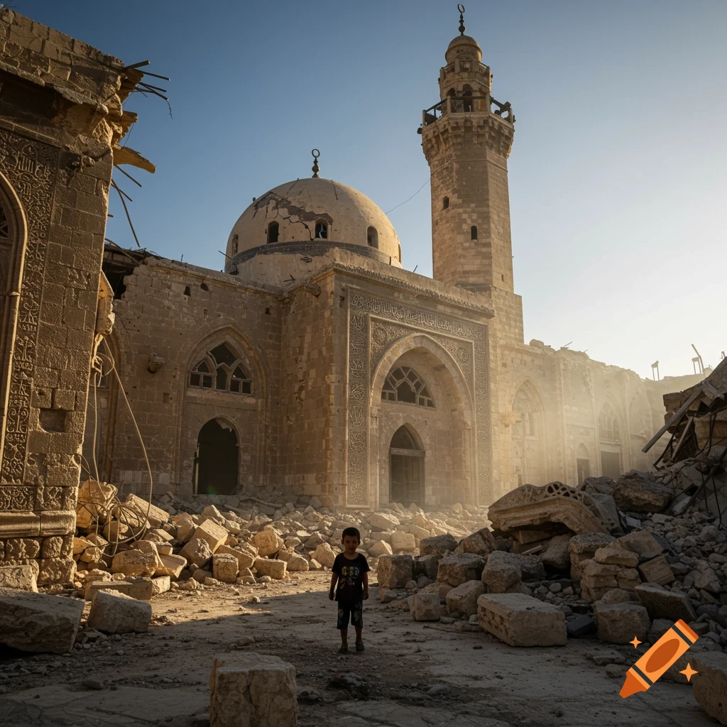 A small boy stands among rubble with a partially ruined mosque and minaret under a clear, sunny sky in a photorealistic style.