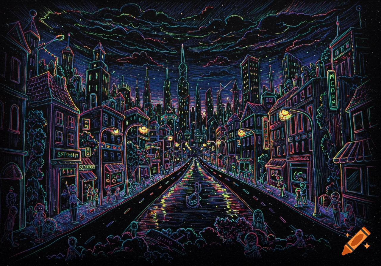 Vibrant neon scratch art cityscape at night with a long street, glowing buildings, and stylized figures.