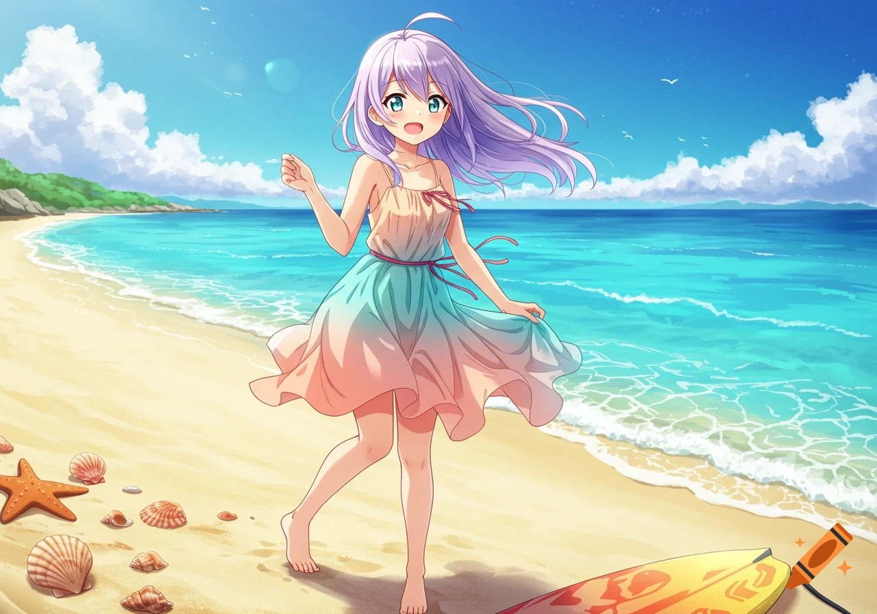 Anime girl with lavender hair smiling on a sunny beach with blue water and seashells, holding her pastel dress.