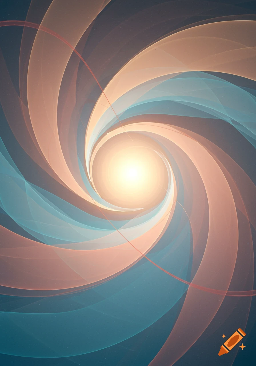 Abstract spiral of translucent peach and teal lines swirling around a central bright yellow light.