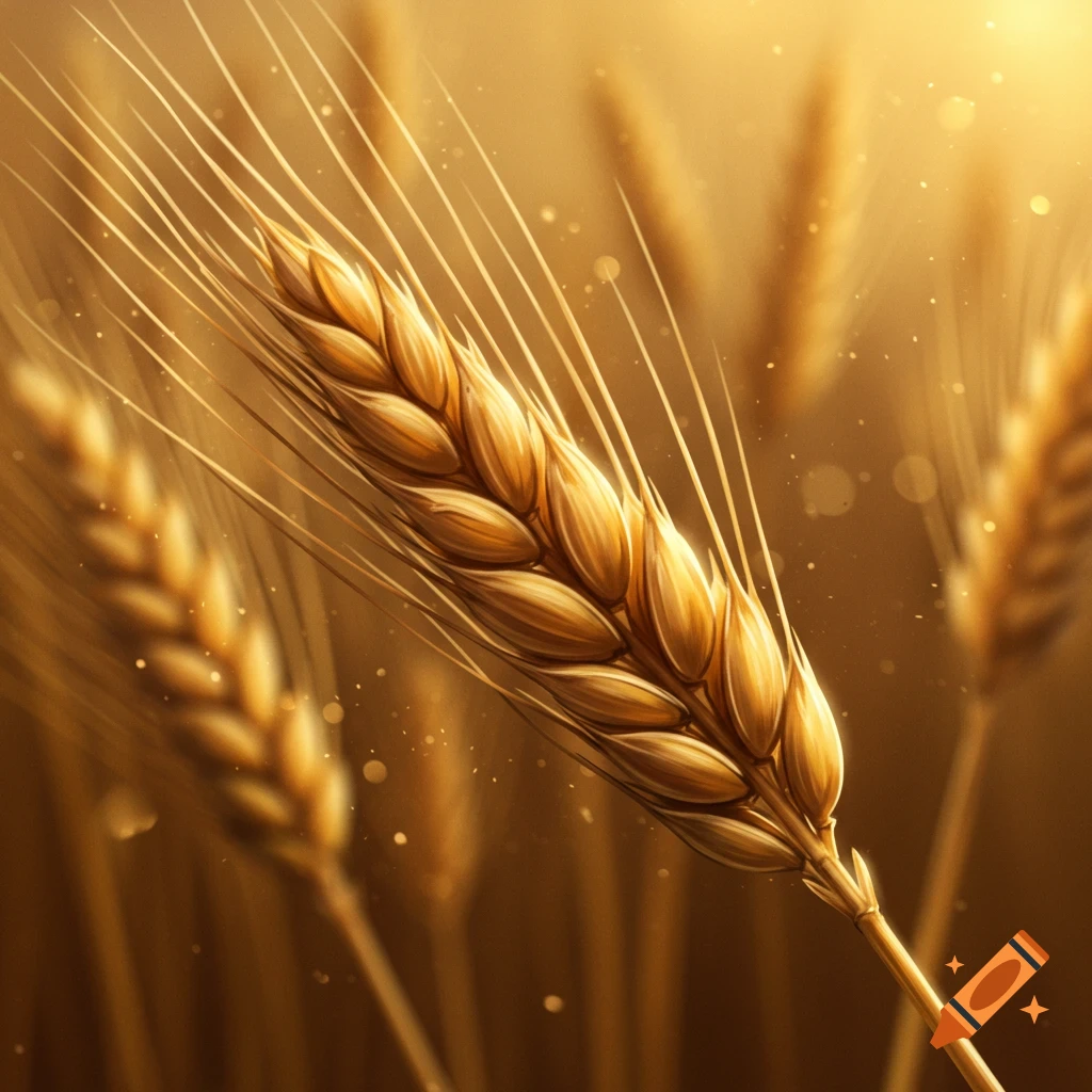 Close-up photorealistic image of a golden wheat stalk with a blurred background.