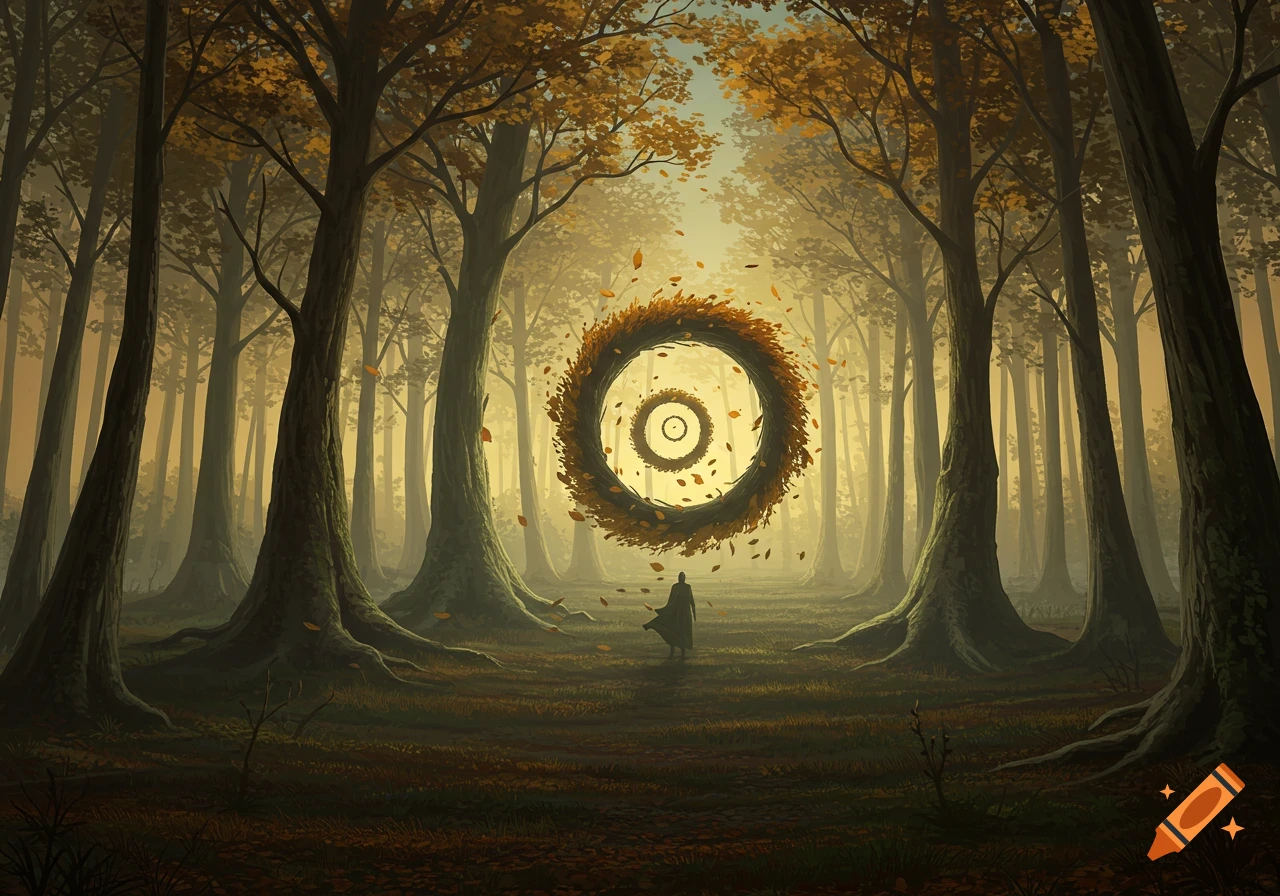 A lone figure stands in a golden autumn forest, gazing at concentric floating rings of fallen leaves. Digital painting.
