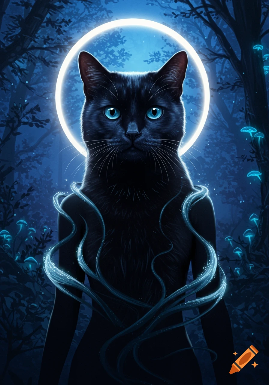 A black cat with glowing blue eyes and a stylized human body stands in a magical blue forest at night, with a bright moon halo and glowing mushrooms.