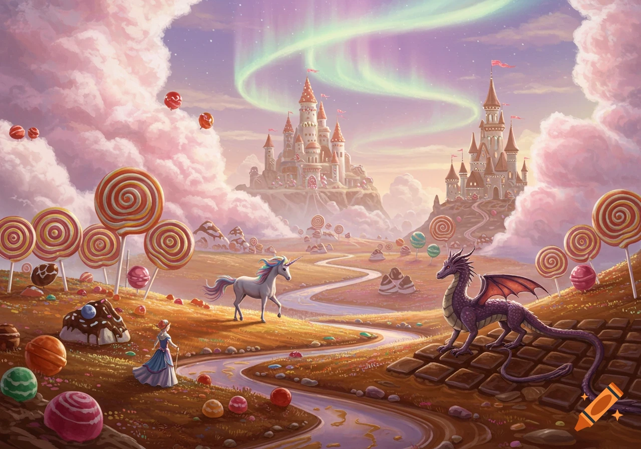 A princess, unicorn, and dragon in a vibrant, illustrative candy land with lollipop trees, chocolate, castles, and an aurora-lit sky.