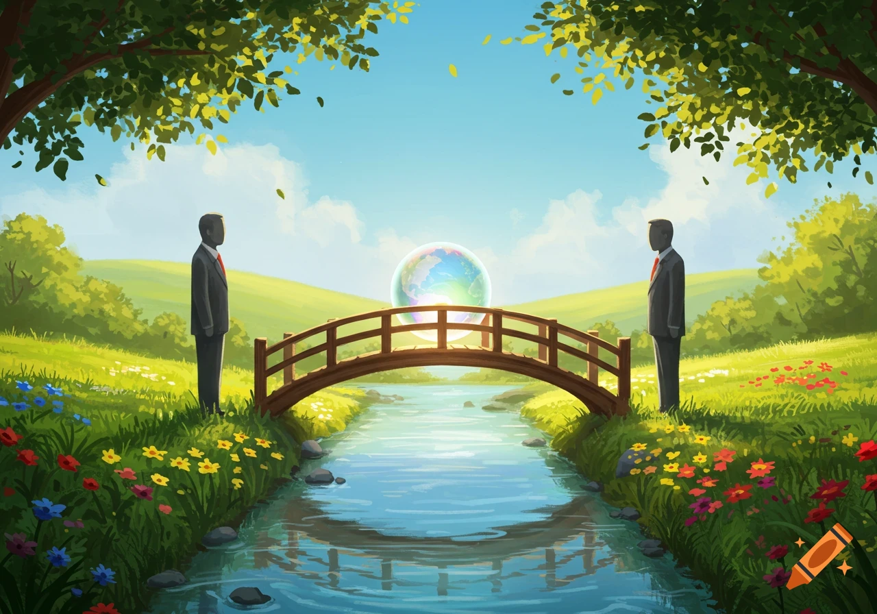 Two stylized businessmen stand by a river with a bridge, looking at a glowing rainbow orb in a lush, green landscape.