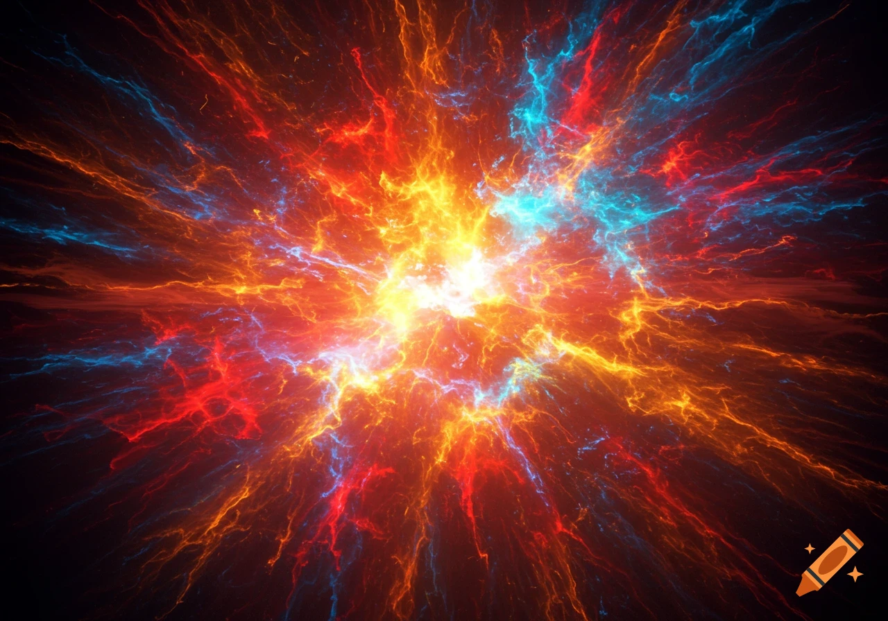 Abstract vibrant burst of light and energy with swirling red, orange, yellow, and blue streaks radiating from a bright white core.