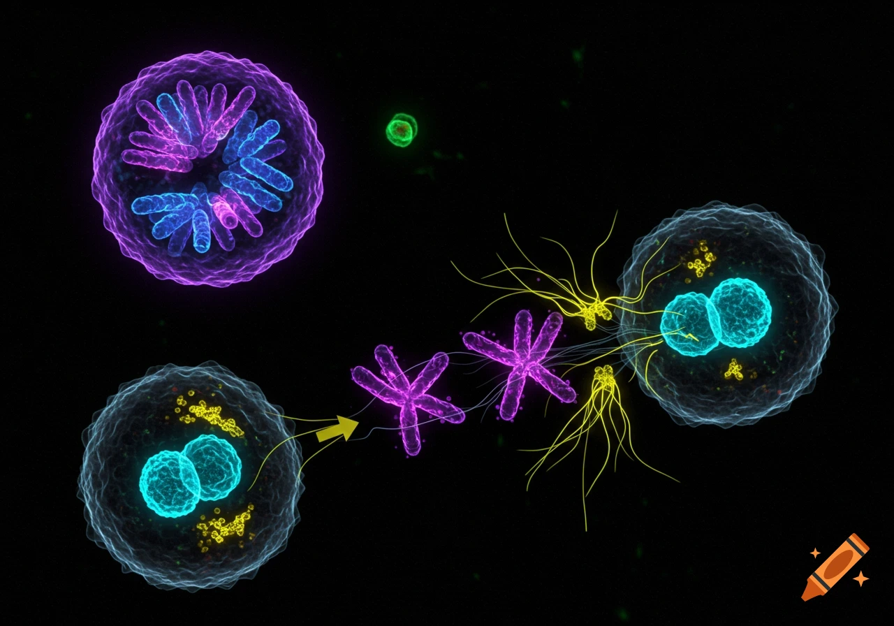 A microscopic view of animal cell mitosis with various fluorescently colored cells, chromosomes, and cellular components on a black background.