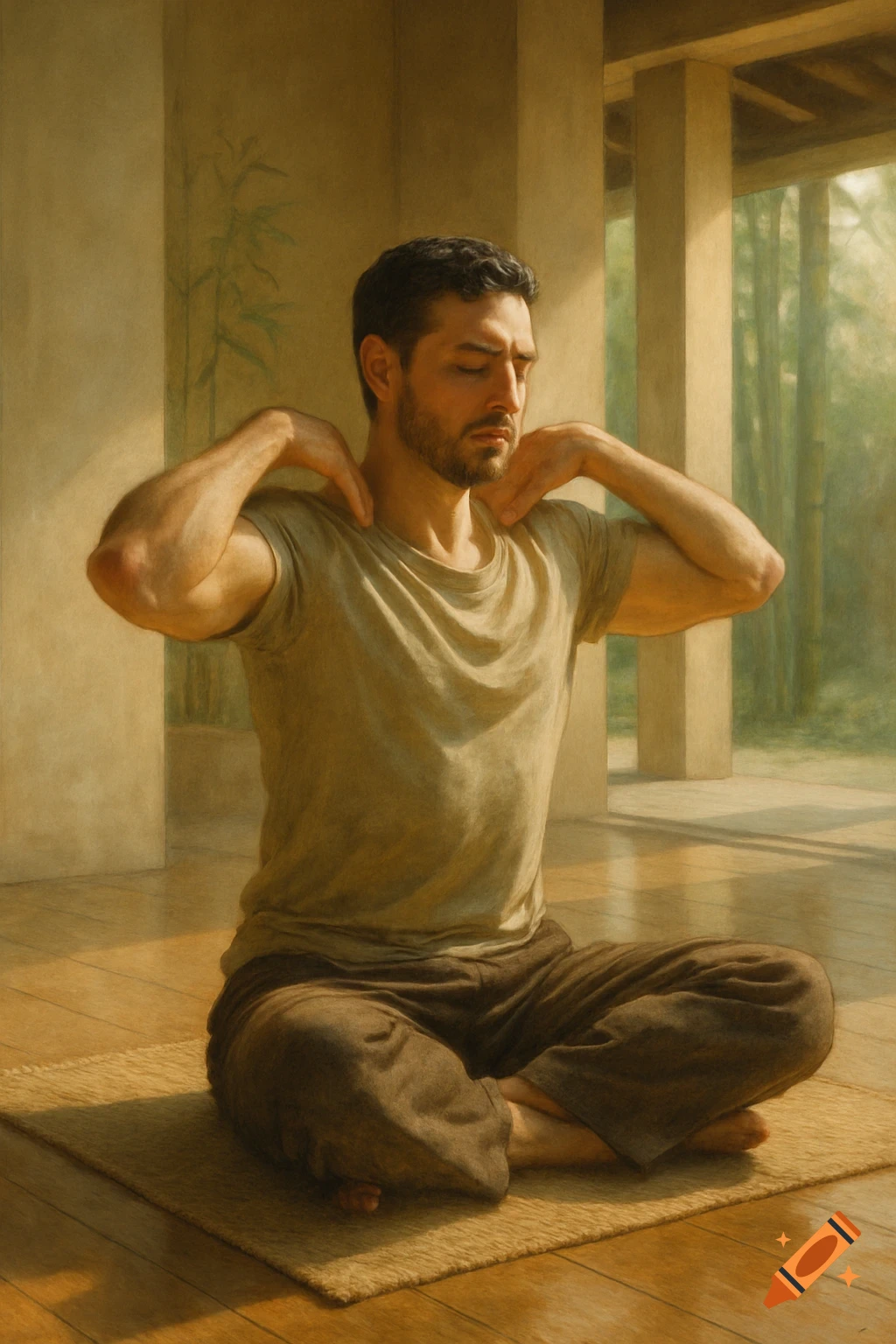 A man sits cross-legged on a mat, stretching his shoulders in a sunlit room, depicted in a painterly style.