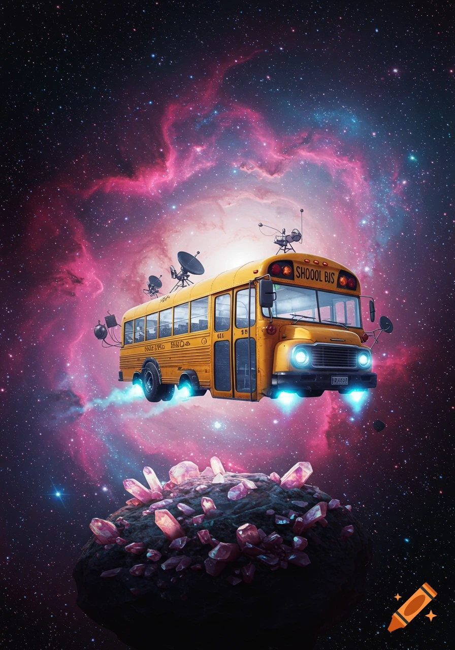 A yellow school bus with thrusters flies through a vibrant pink and purple nebula, above an asteroid covered in pink crystals.
